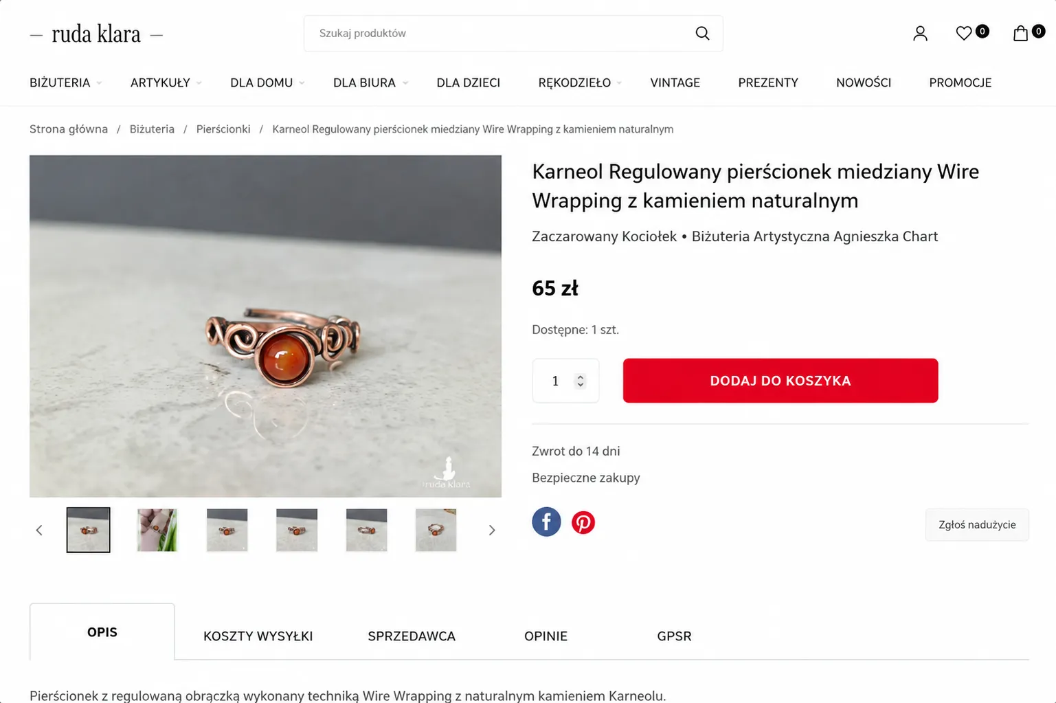 Strona produktu platformy RudaKlara.pl z regulowanym pierścionkiem z karneolem