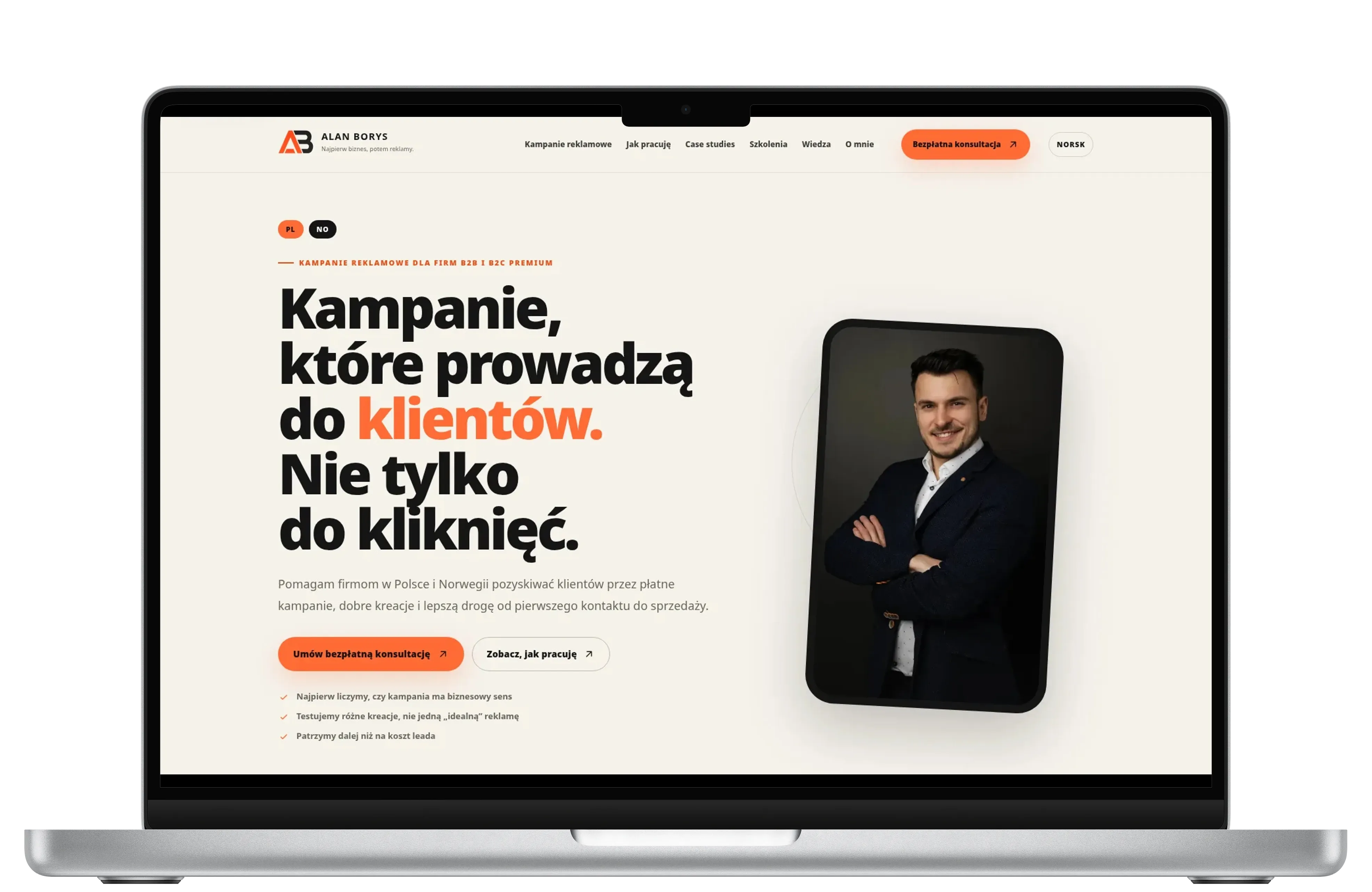 Alan Borys — polska wersja platformy sprzedażowej w mockupie monitora desktopowego