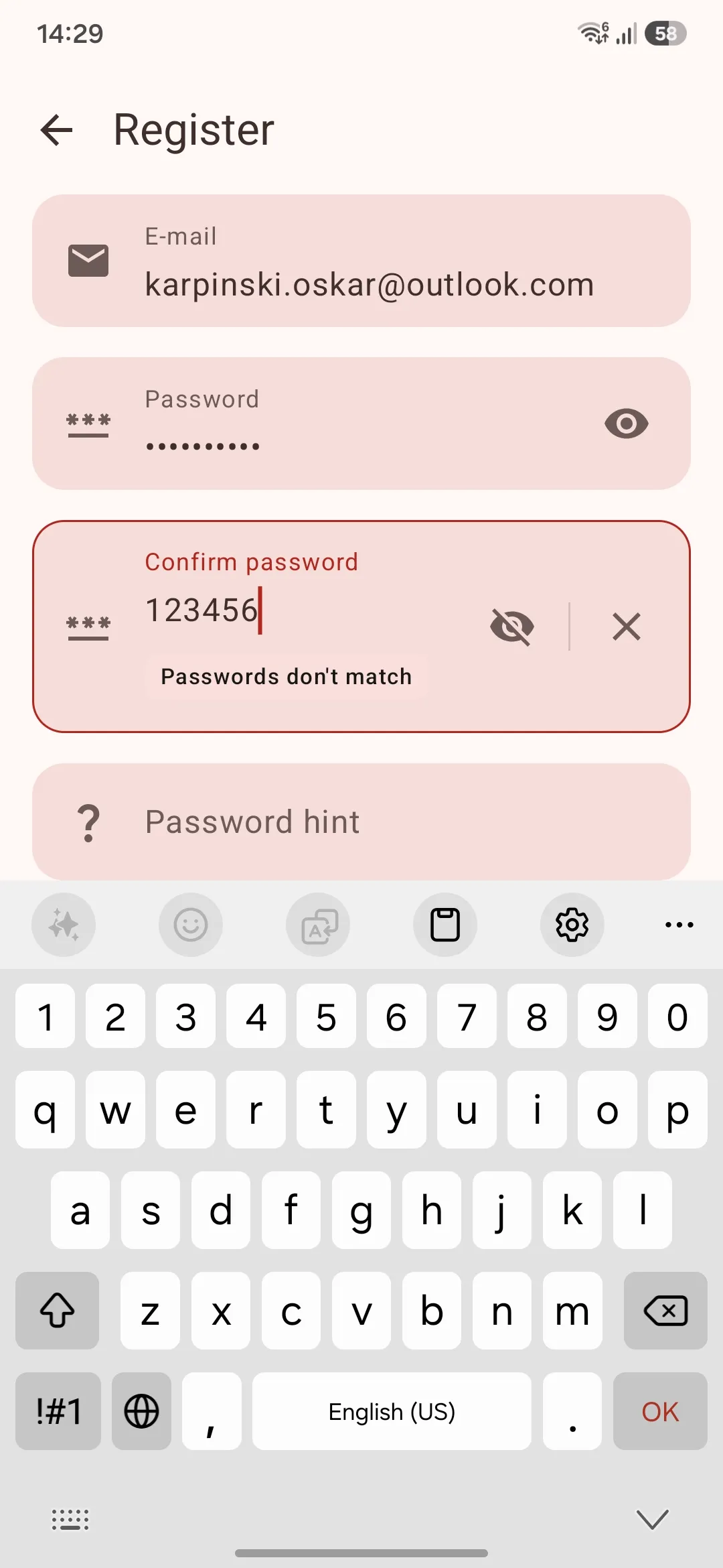 Formularz tworzenia konta w aplikacji LibrePass na Androida