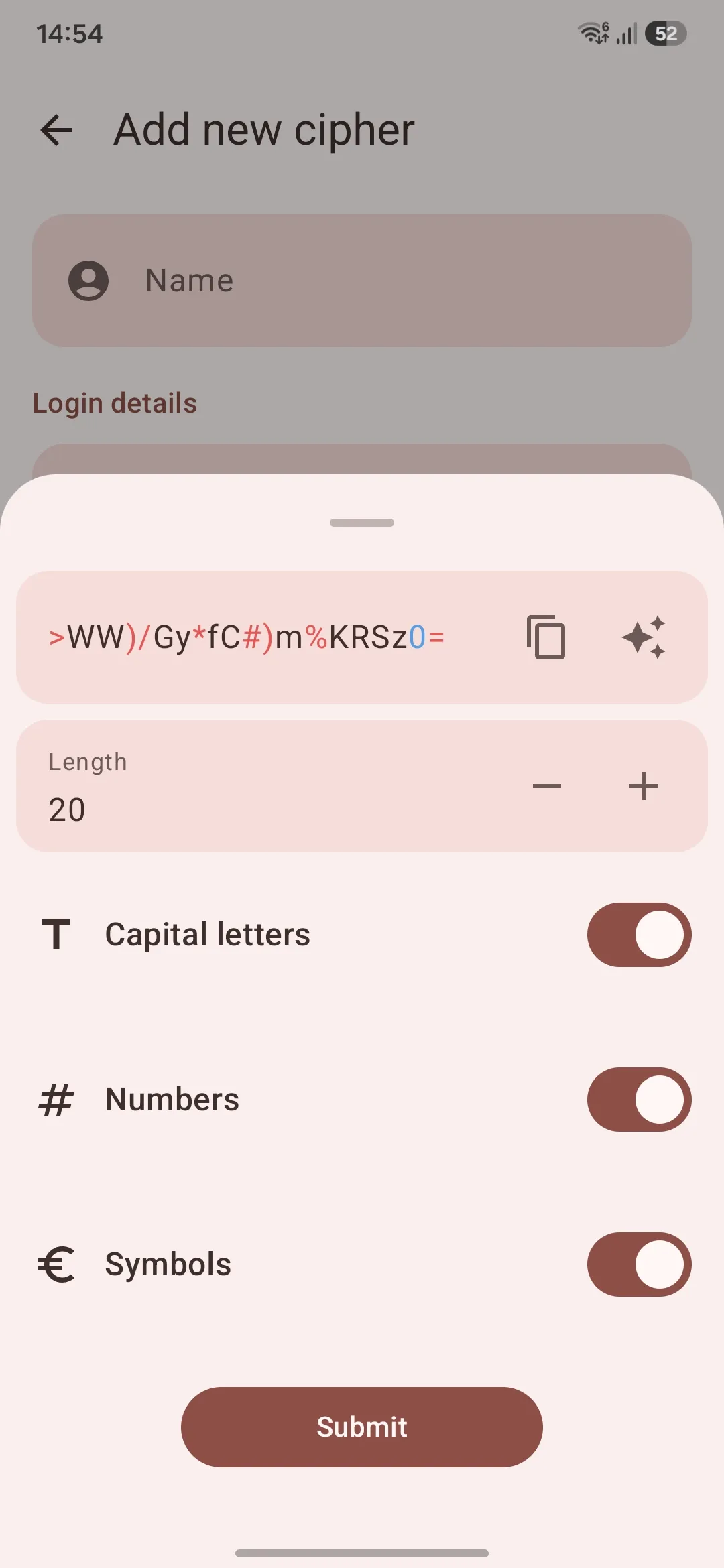 Ekran generatora haseł w LibrePass Android