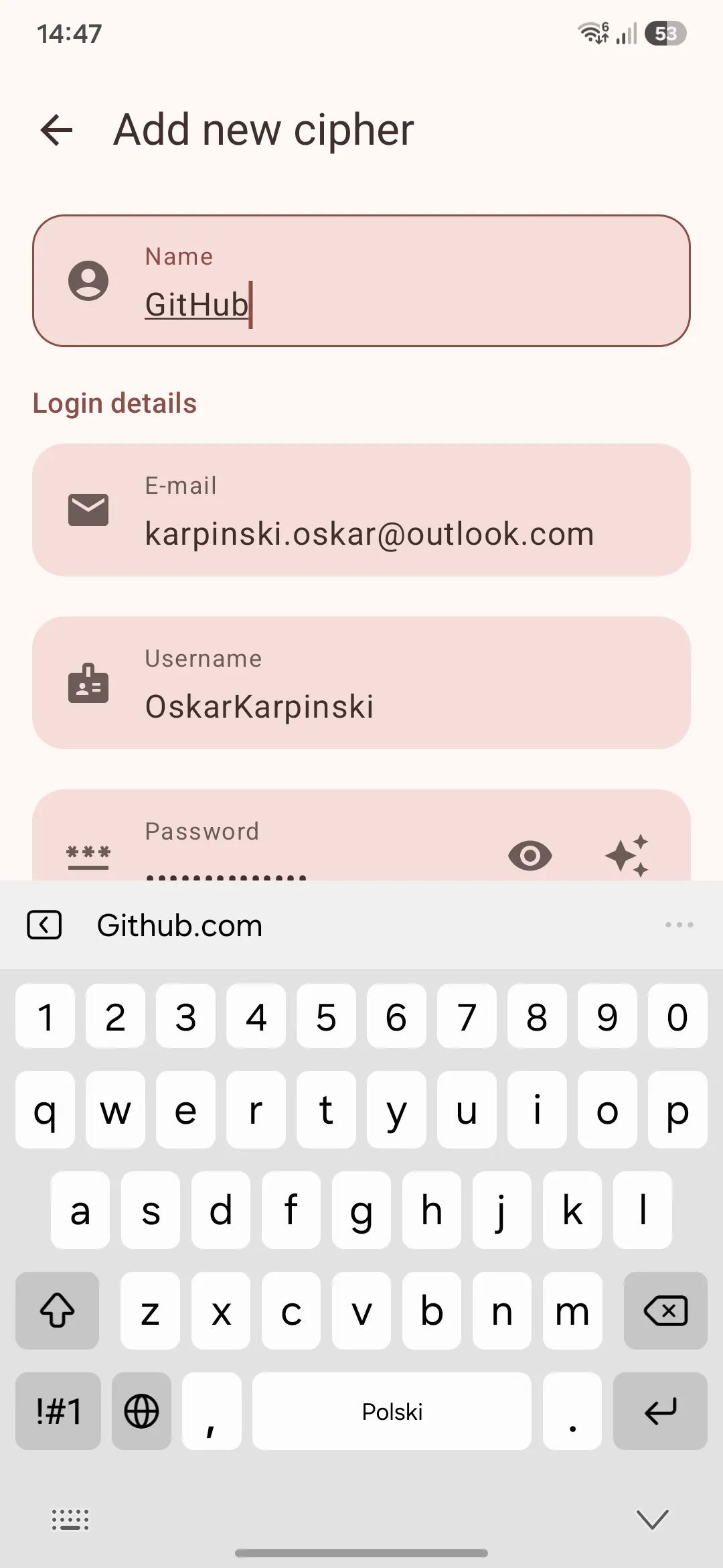 Ekran dodawania wpisu hasła w LibrePass Android