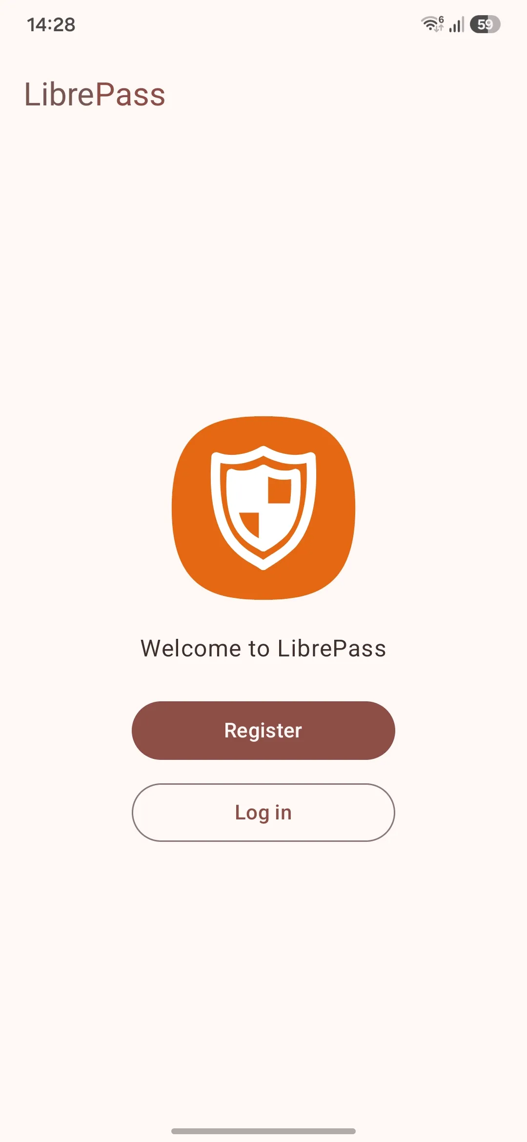 Ekran powitalny LibrePass Android dla self-hosted menedżera haseł