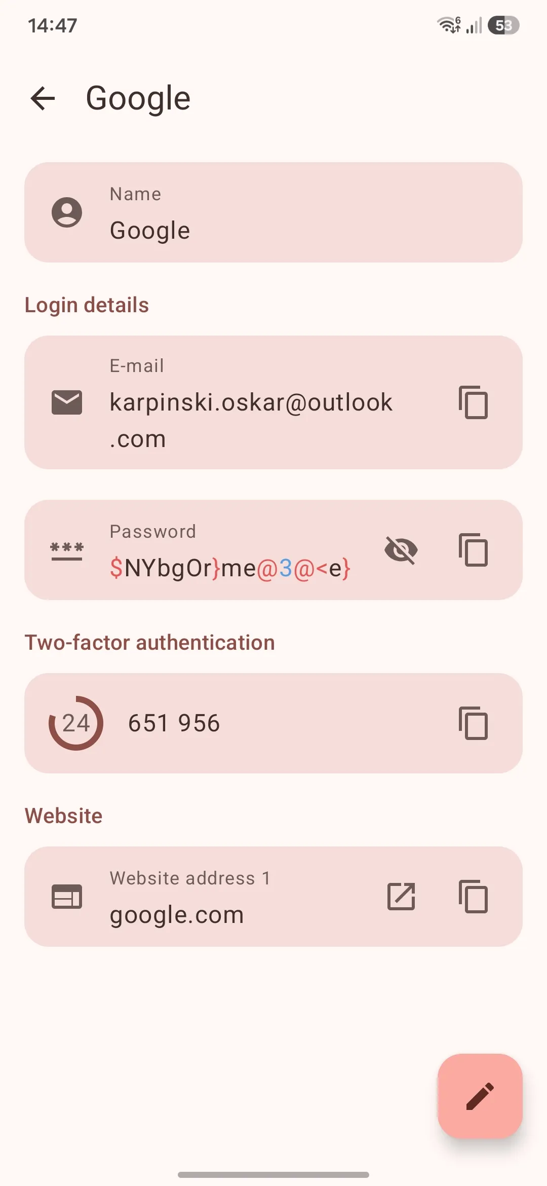Szczegóły wpisu z hasłem w aplikacji LibrePass